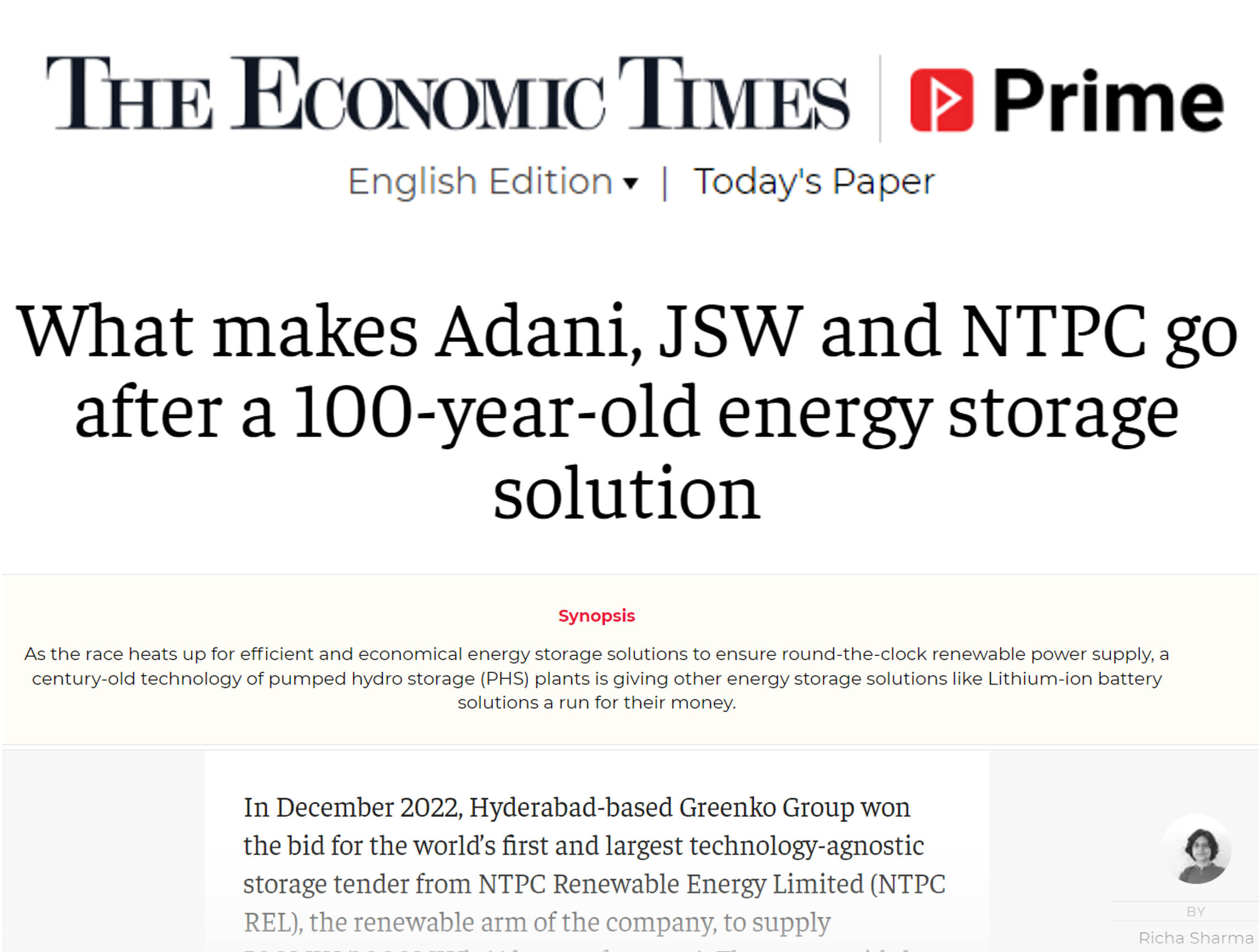 CSTEP policy brief on pricing mechanism for pumped hydro storage mentioned in an article in Economic Times